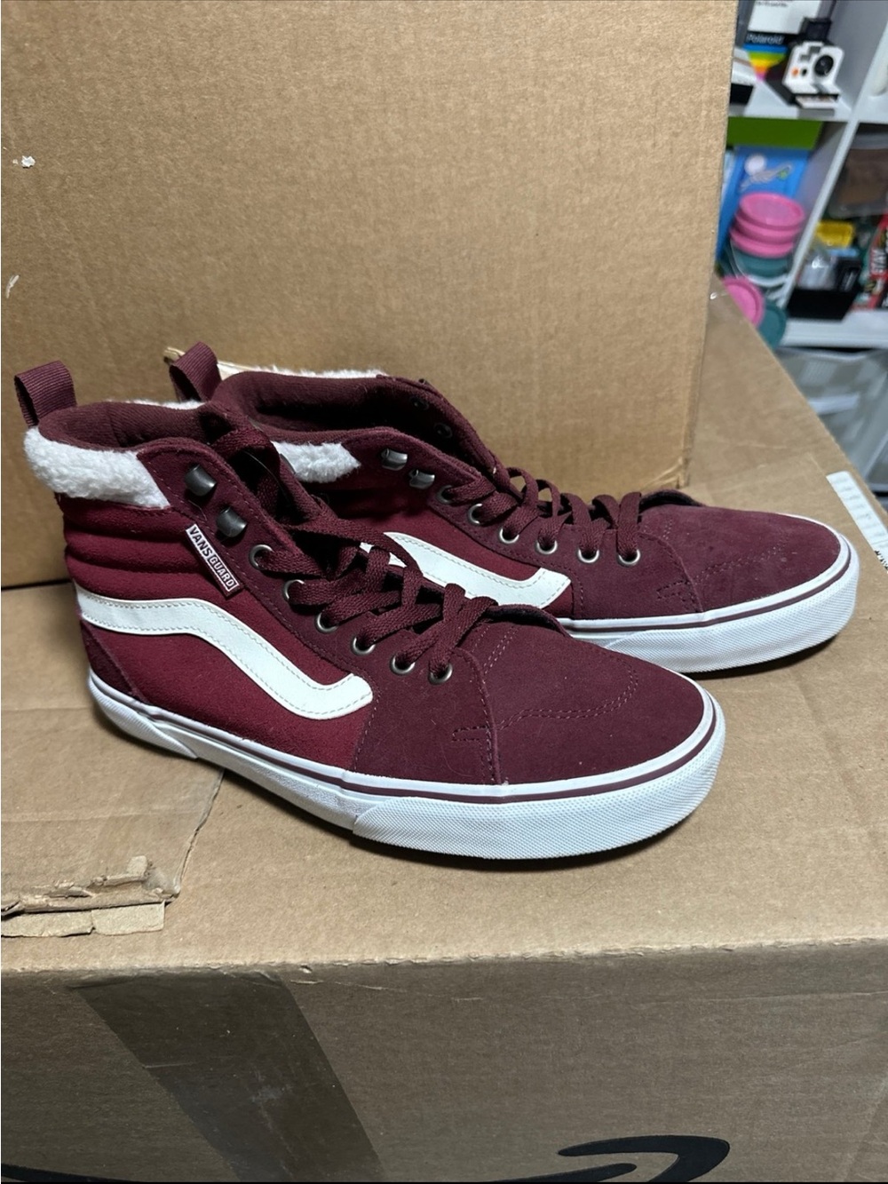 Vans Maroon & White High-Top Skate Shoes with Shearling Collar